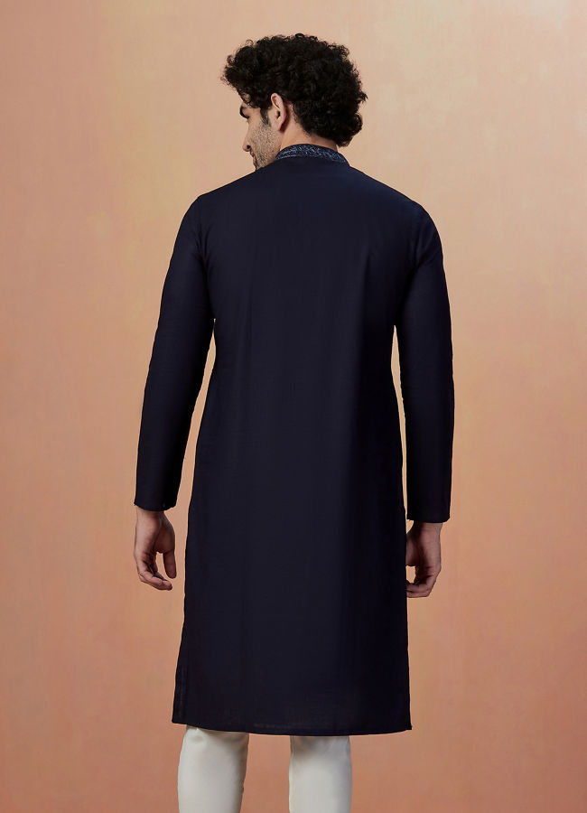 Dark Naby Blue Plain Kurta Pajama image number 4